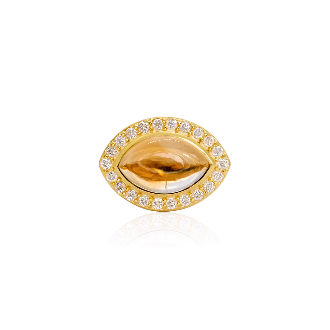 Citrine Cabochon & White Diamond Cats Eye Ring
