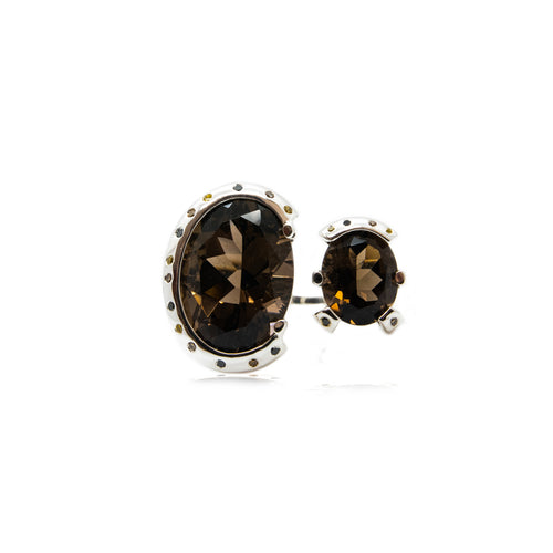 Leopard Print Cocktail Duo Ring | Smokey Quartz and Mixed Diamond