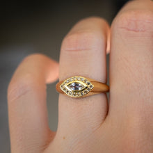 Dainty Green Amethyst & Champagne Diamond Cats Eye Ring