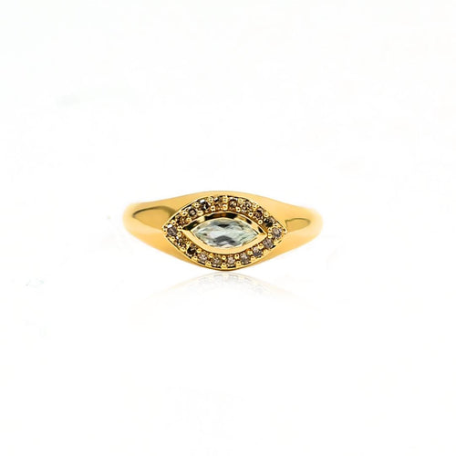 Dainty Green Amethyst & Champagne Diamond Cats Eye Ring