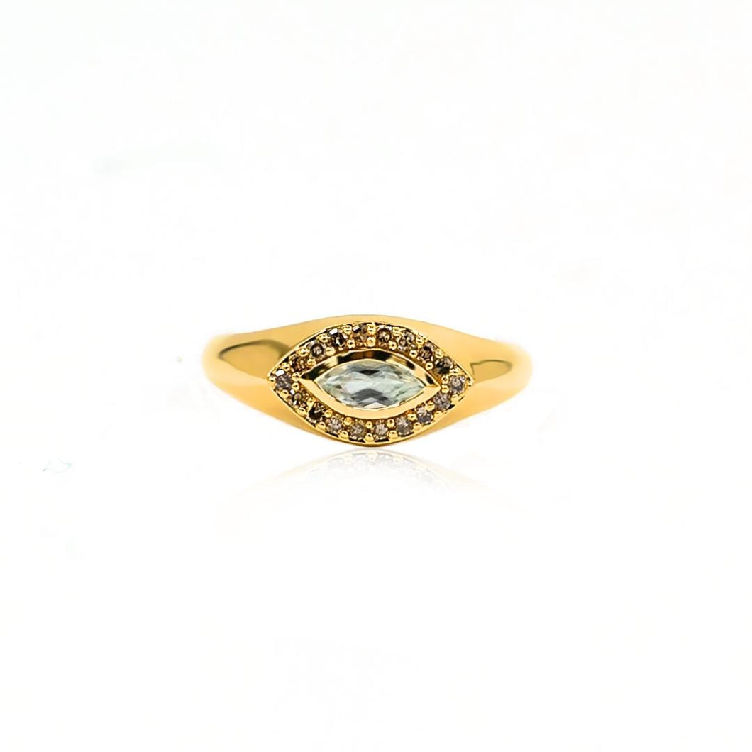 Dainty Green Amethyst & Champagne Diamond Cats Eye Ring